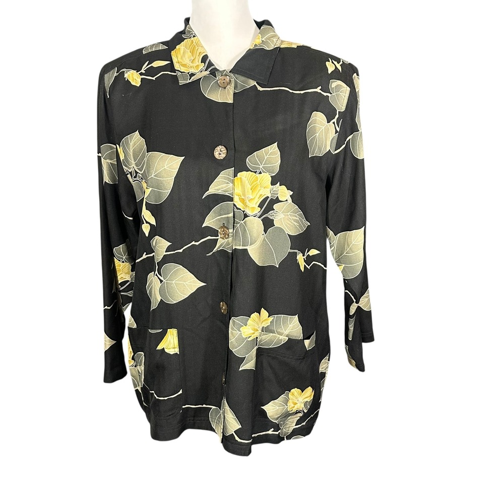 Tommy Bahama Vintage Silk‎ Shirt Jacket Women's Medium Black Yellow Floral